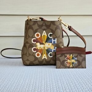 Coach Mini Town Bucket Bag with Cardholder Case In Coach Radial Rainbow - NWOT
